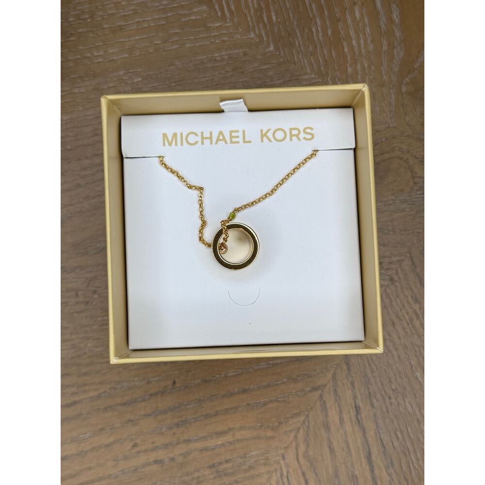 Michael Kors Gold Tone Barrel Pendant Necklace Crystal Logo MKJ0181710B New Box - Picture 2 of 5